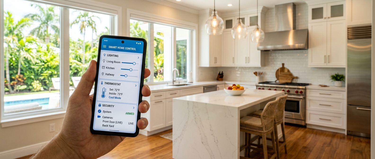 smart home upgrades that add resale value controlled with a phone app in a South Florida kitchen