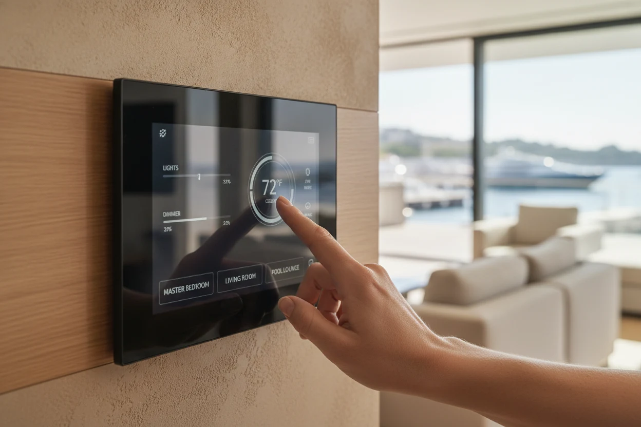 Harbor Beach smart home control panel managing lighting and climate