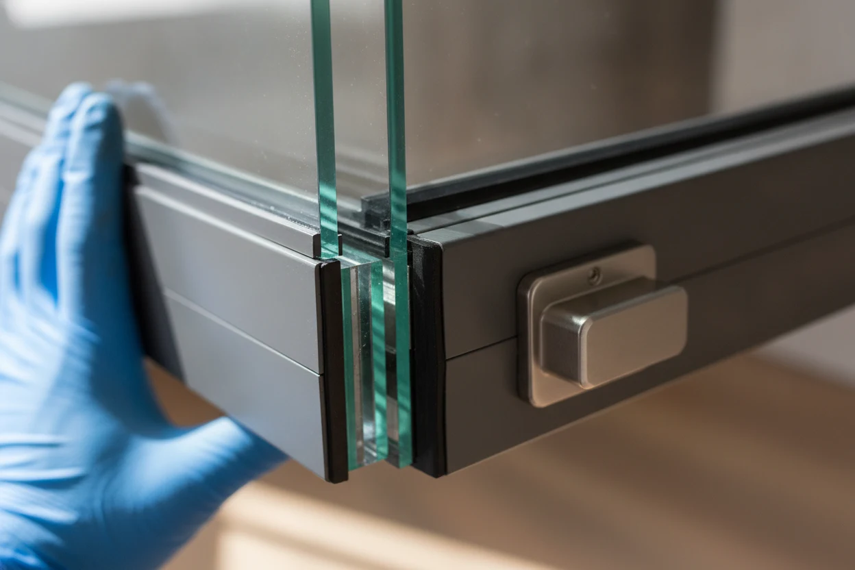 Close-up of hurricane impact window laminated safety glass edge and frame in Fort Lauderdale