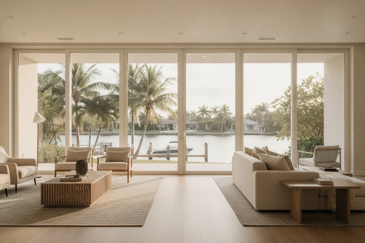 Living room with impact-rated sliding glass doors overlooking the Intracoastal in Fort Lauderdale