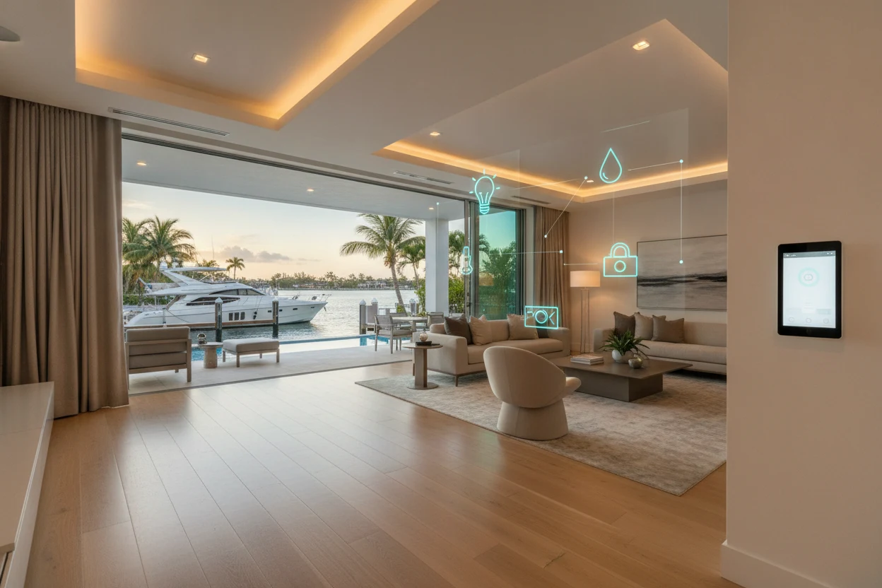 smart home automation harbor beach waterfront living room with control panel