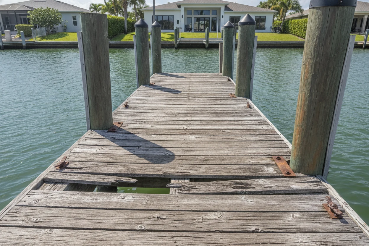 Composite vs Wood Docks in Fort Lauderdale: Which Lasts Longer? 1 A weathered wood dock showing the maintenance demands compared to composite in Fort Lauderdale