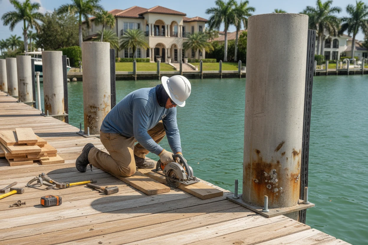 Marine worker performing Boat Dock Repair in Fort Lauderdale replacing deck boards and pilings