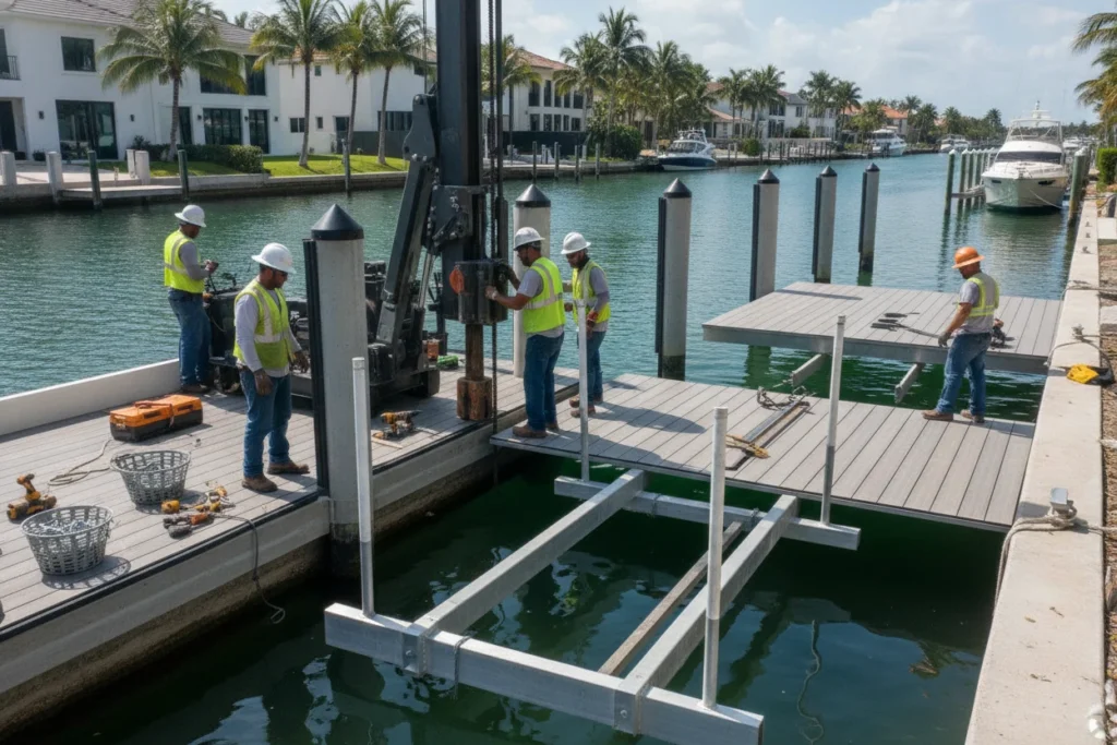 Marine construction crew building a dock and boat lift on a Fort Lauderdale canal