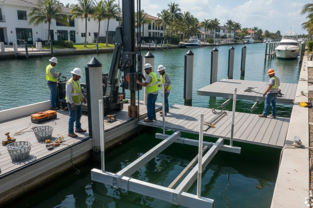 Marine crew repairing a dock structure along a Fort Lauderdale canal