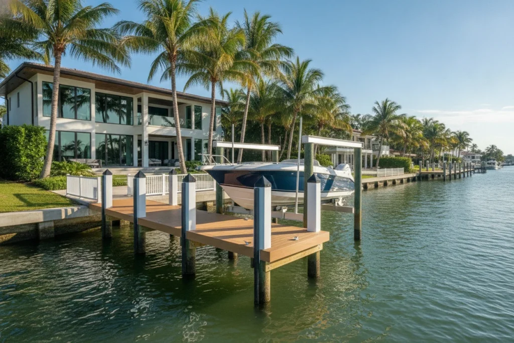 Finished composite dock with four-post boat lift holding a boat on a Fort Lauderdale canal