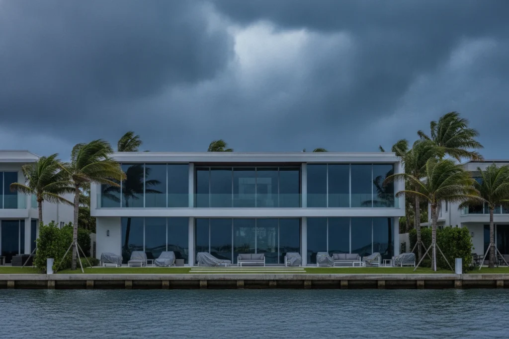 Fort Lauderdale Waterfront Home for Hurricane Season with impact windows and a gathering storm sky