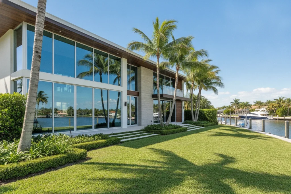 Hurricane Impact Window Installation in Fort Lauderdale on a modern waterfront home with large glass windows