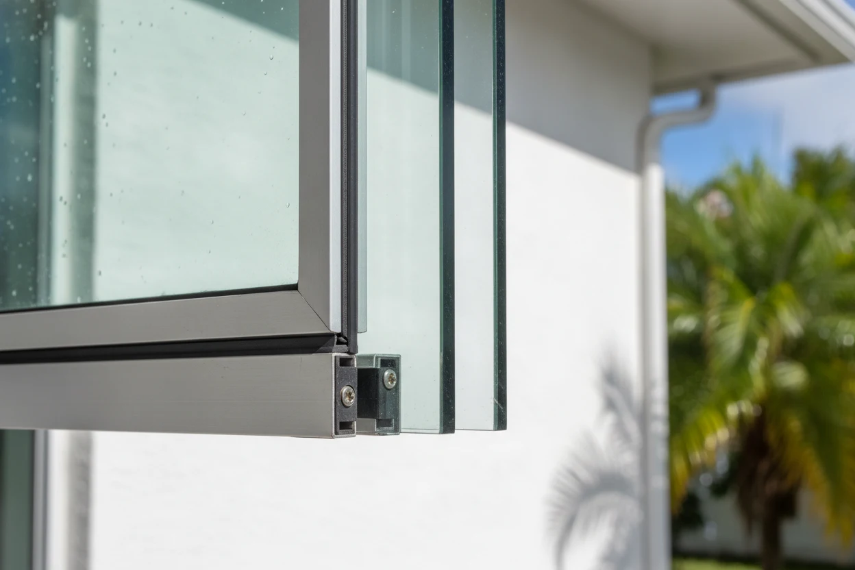 Close-up detail of a hurricane impact-resistant window frame and laminated glass in Fort Lauderdale