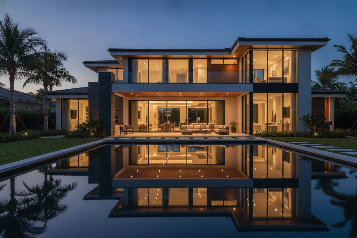 Impact windows and doors in Fort Lauderdale on a modern home glowing at dusk