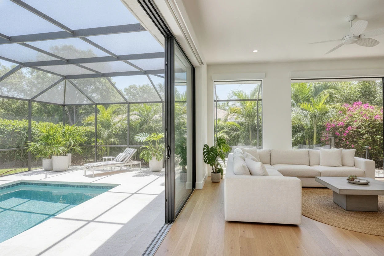Impact-rated sliding glass doors open to a pool patio in Fort Lauderdale
