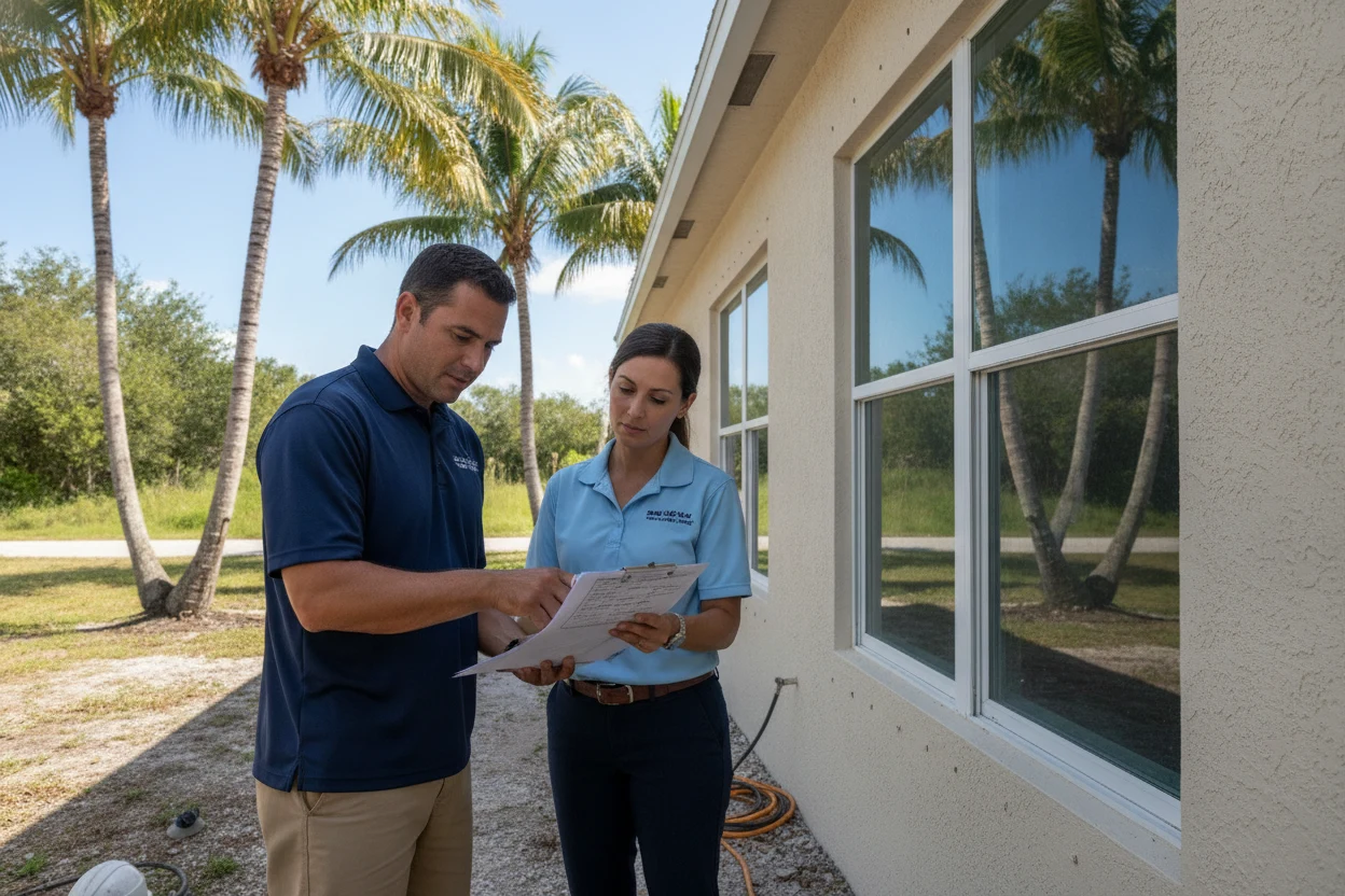 Contractor and inspector reviewing a permit to replace windows in Broward County