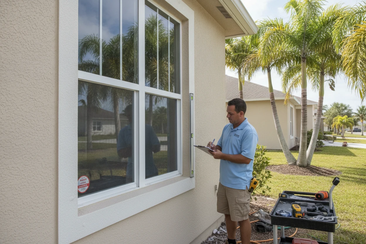 Inspector checking a newly installed impact window as part of a permit to replace windows in Broward County