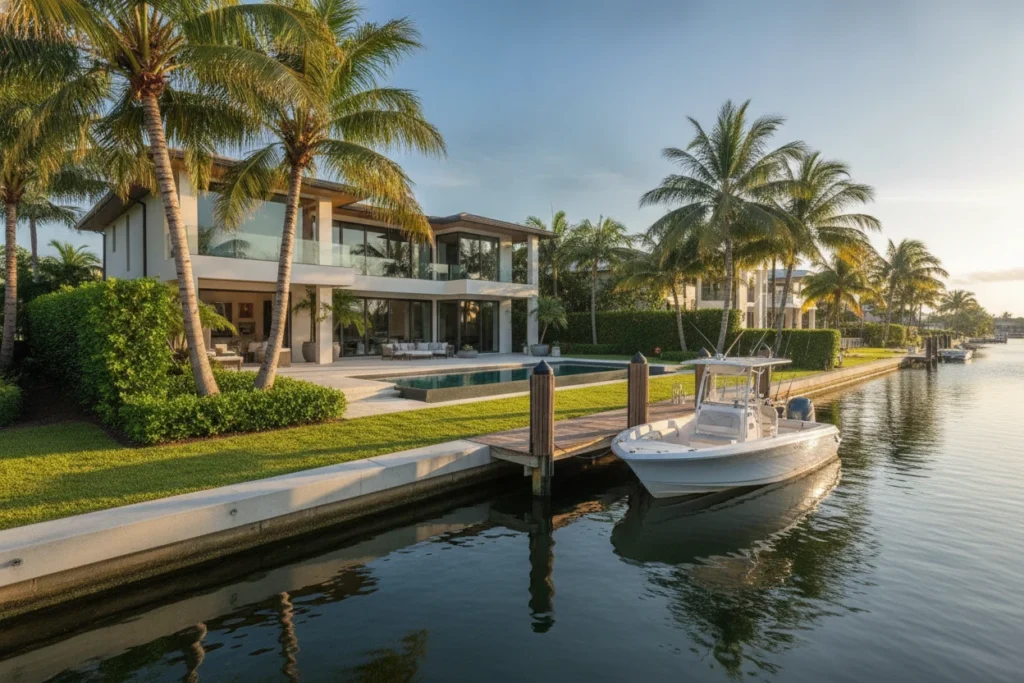 Seawall and Dock Repair in Fort Lauderdale waterfront home with concrete seawall and wooden dock