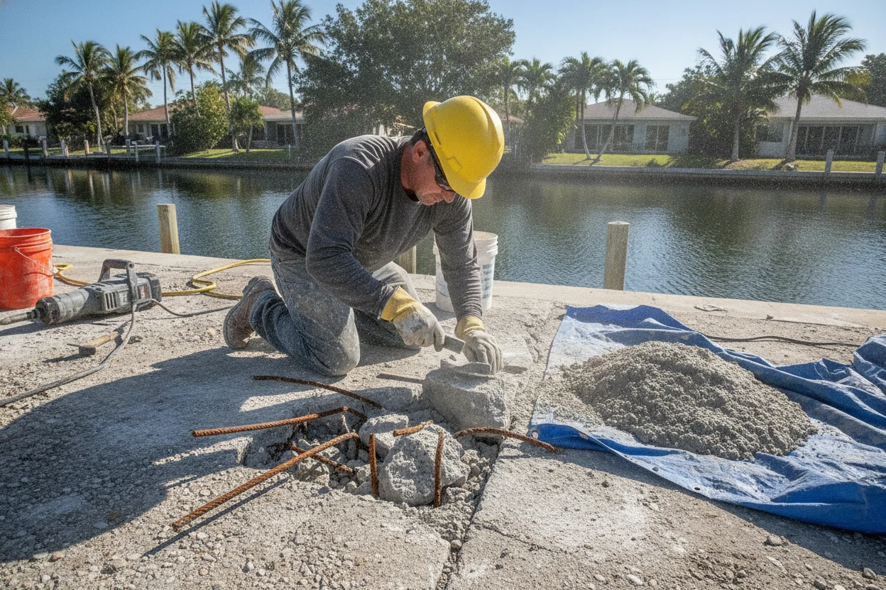 Worker performing seawall repair in Fort Lauderdale on a cracked concrete cap