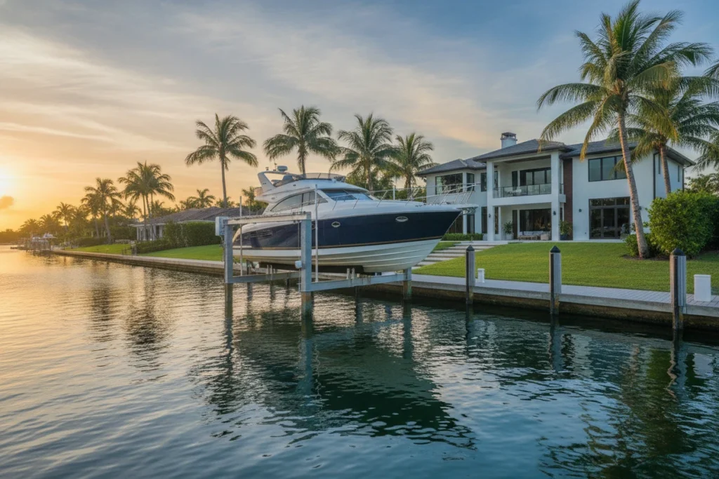 Boat Lift Installation in Fort Lauderdale with a boat raised on a four-post lift at a waterfront home