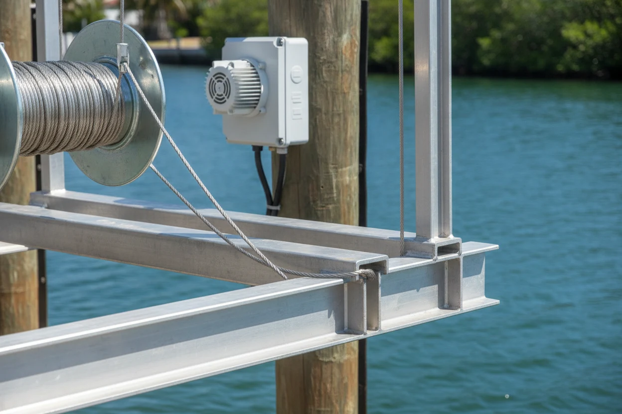 Close-up of a four-post boat lift motor, cables, and aluminum cradle beams in Fort Lauderdale
