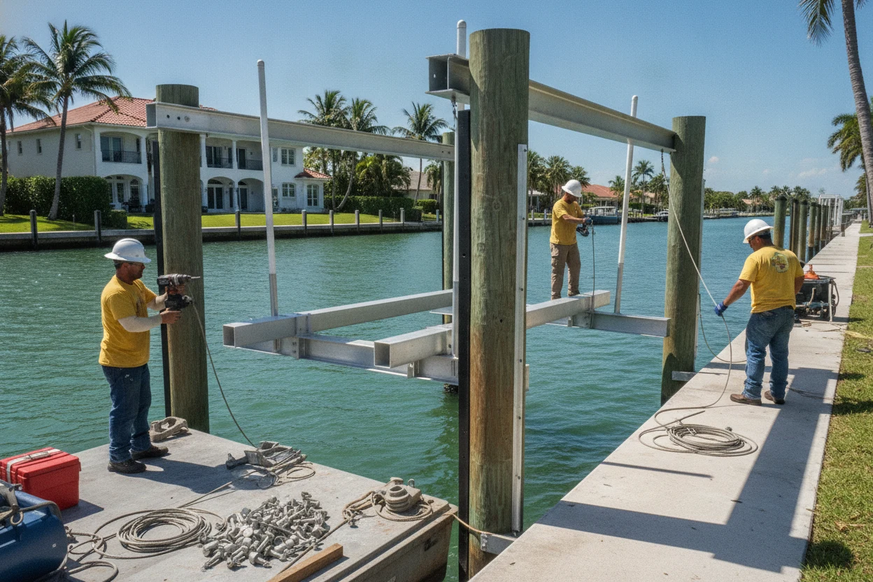 Crew performing Boat Lift Installation in Fort Lauderdale mounting the aluminum beams and cables