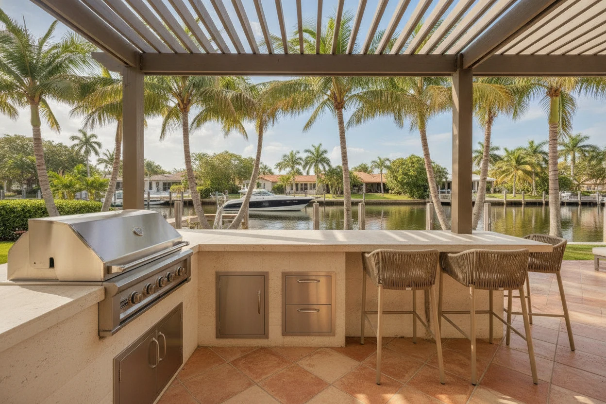 Outdoor kitchen ideas in Fort Lauderdale: a waterfront patio kitchen with grill and bar seating