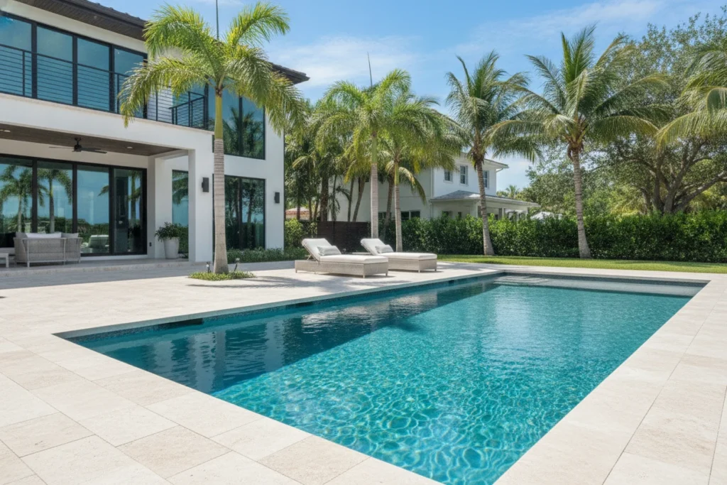 Pool deck resurfacing in Fort Lauderdale with fresh travertine pavers around a pool