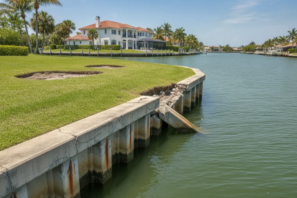 Signs your seawall is failing in Fort Lauderdale: cracked, rusted, leaning seawall with lawn erosion